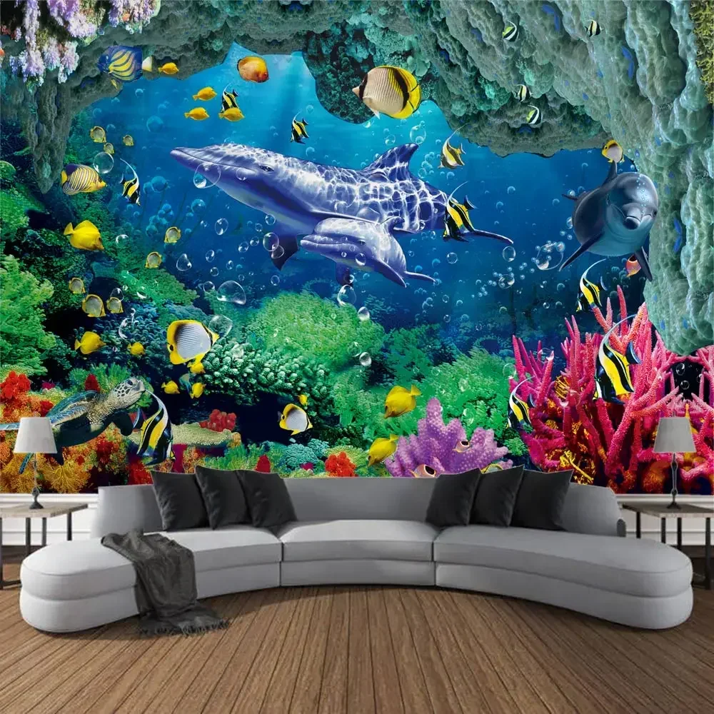 Undersea Printed Tapestry Psychedelic Room Decoration Wall Hanging Marine Coral Dolphin Home Wall Decoration Cartoon Mural