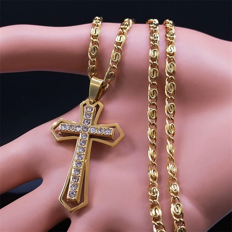 Christian Cross Crucifix Pendant Necklace Gold Color Stainless Steel Catholic Men Chain  Jewelry corrente masculina N4930S02