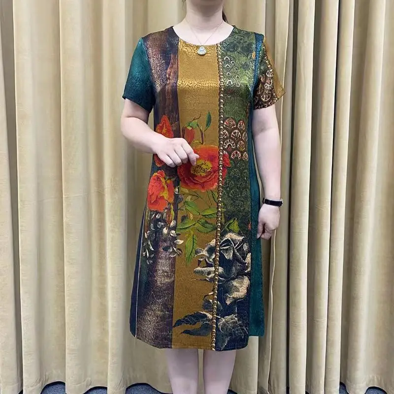 Mom Summer Clothes Youthful-Looking Dress Mid-Length Large Size Printed Wide LadyWestern Style Middle-Aged and Elderly Skirt