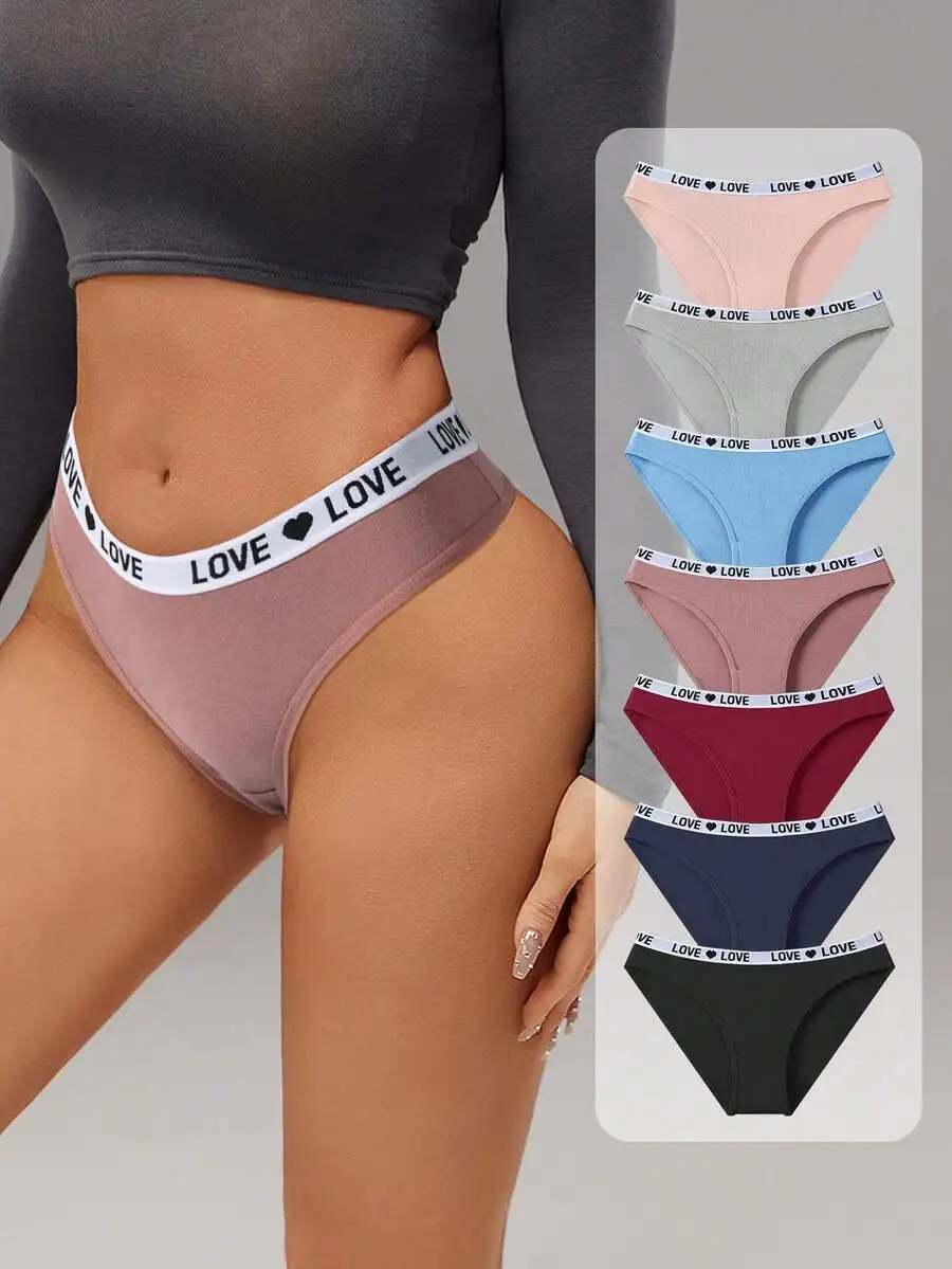 

7 Pack Solid Color Love Print Soft Cotton Wide Waistband Breathable Thongs Women Underwear