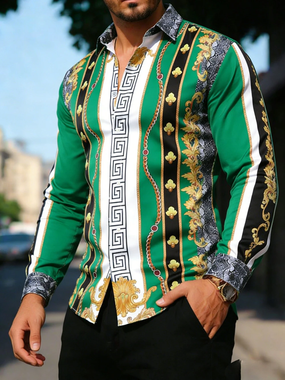 Men's Elastic Fabric Long Sleeve Shirt with Gold Chain Colorful Print White Shirt Hawaiian Resort Outdoor Wedding Men's Clothing