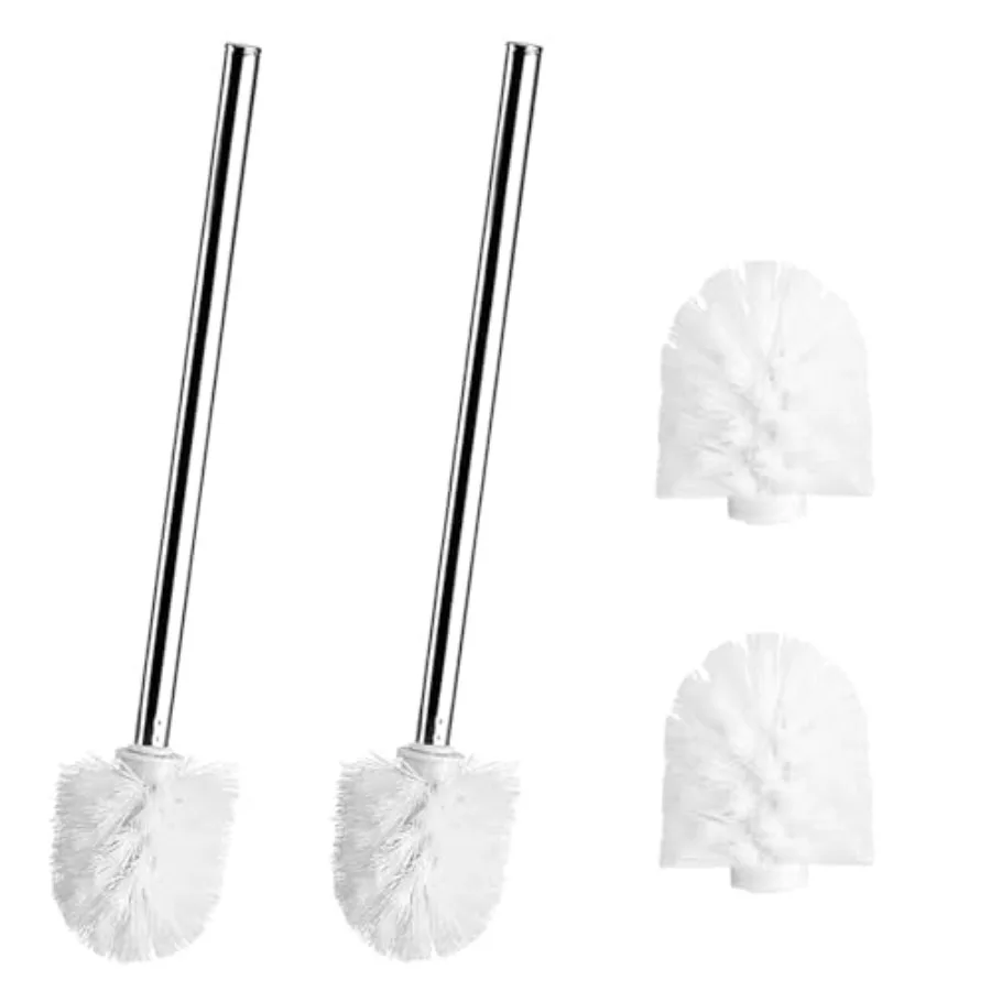 Brosses de toilette, lot de 4 têtes de brosse WC de rechange en plastique avec 2 manches en acier inoxydable, brosse WC diamétrique
