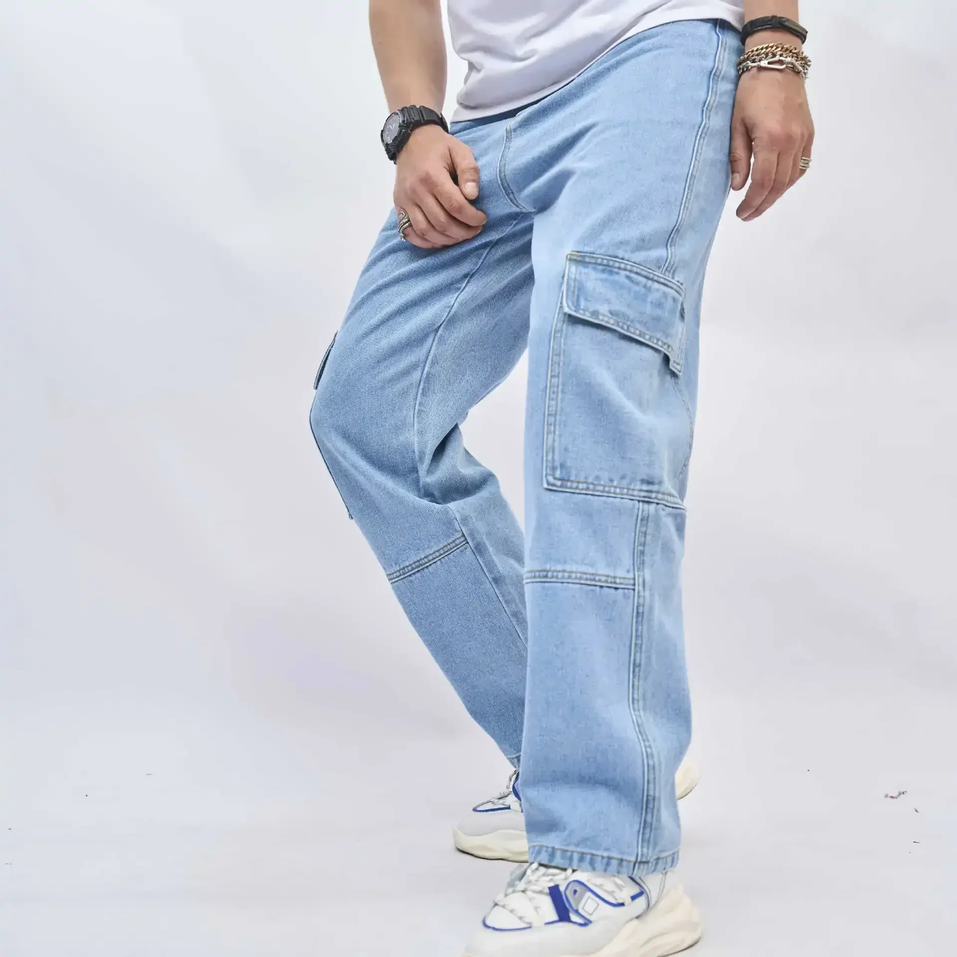 Denim Straight Ankle Length Pants Men Jean Washed Zipper Fly Jeans Loose Fit Solid Pockets High Street Vintage Spliced 2025