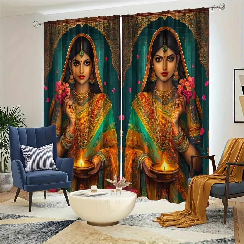 Decorative Indian Goddess Print Curtain Panel Home Living Room Window Drapes Cultural Bollywood Hindu Festival Pooja Temple
