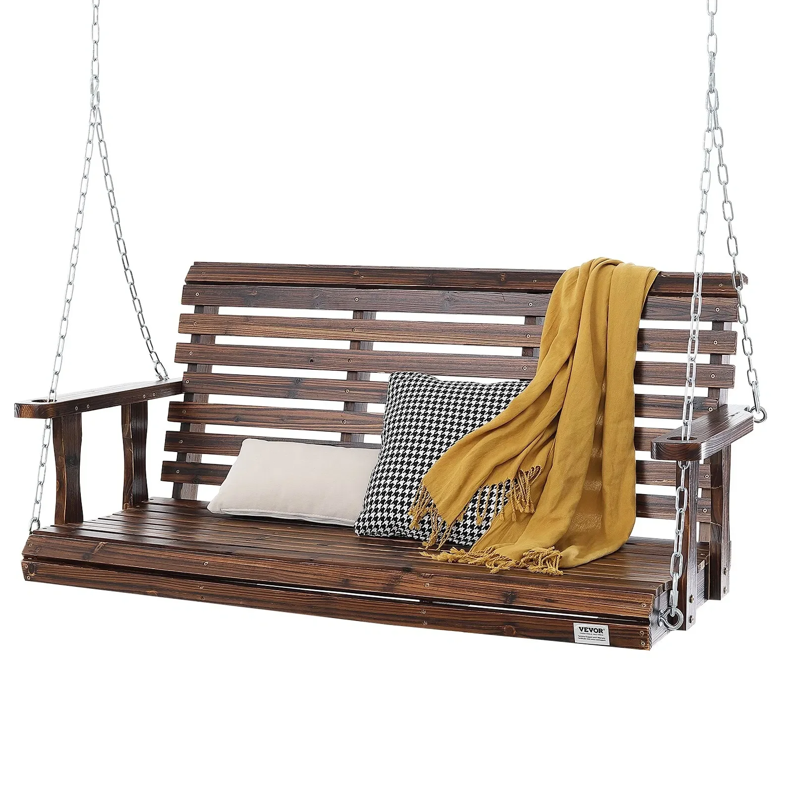 Wooden Porch Swing 4.5ft 880 lbs Strong Load Capacity Swing Chair Bench with Hanging Chains for Outdoors Carbonized Brown