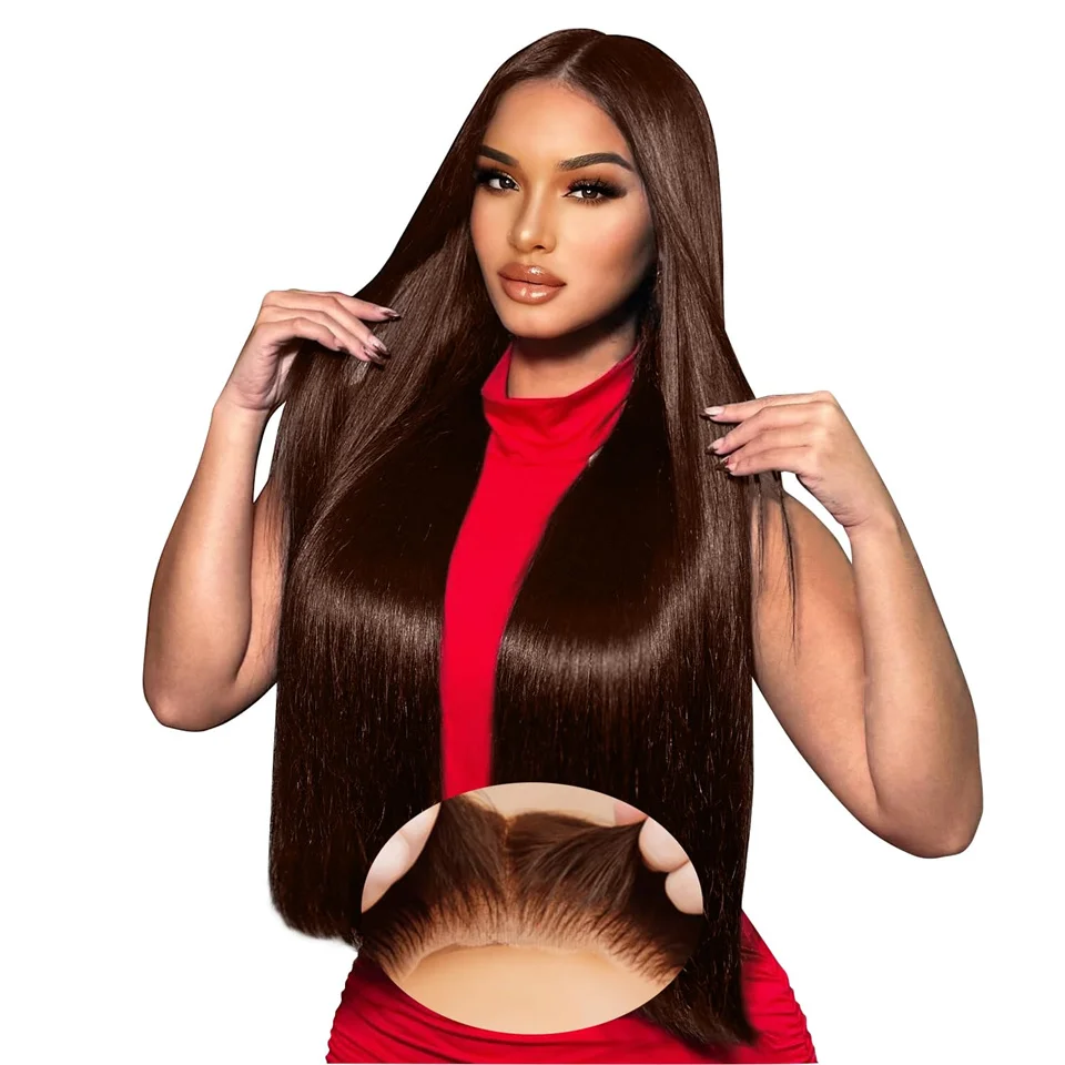 

30inch Brown Straight Glueless Wigs Human Hair Preplucked Chocolate Color 5X5 Pre Cut Lace Wear And Go Straight Human Hair Wigs