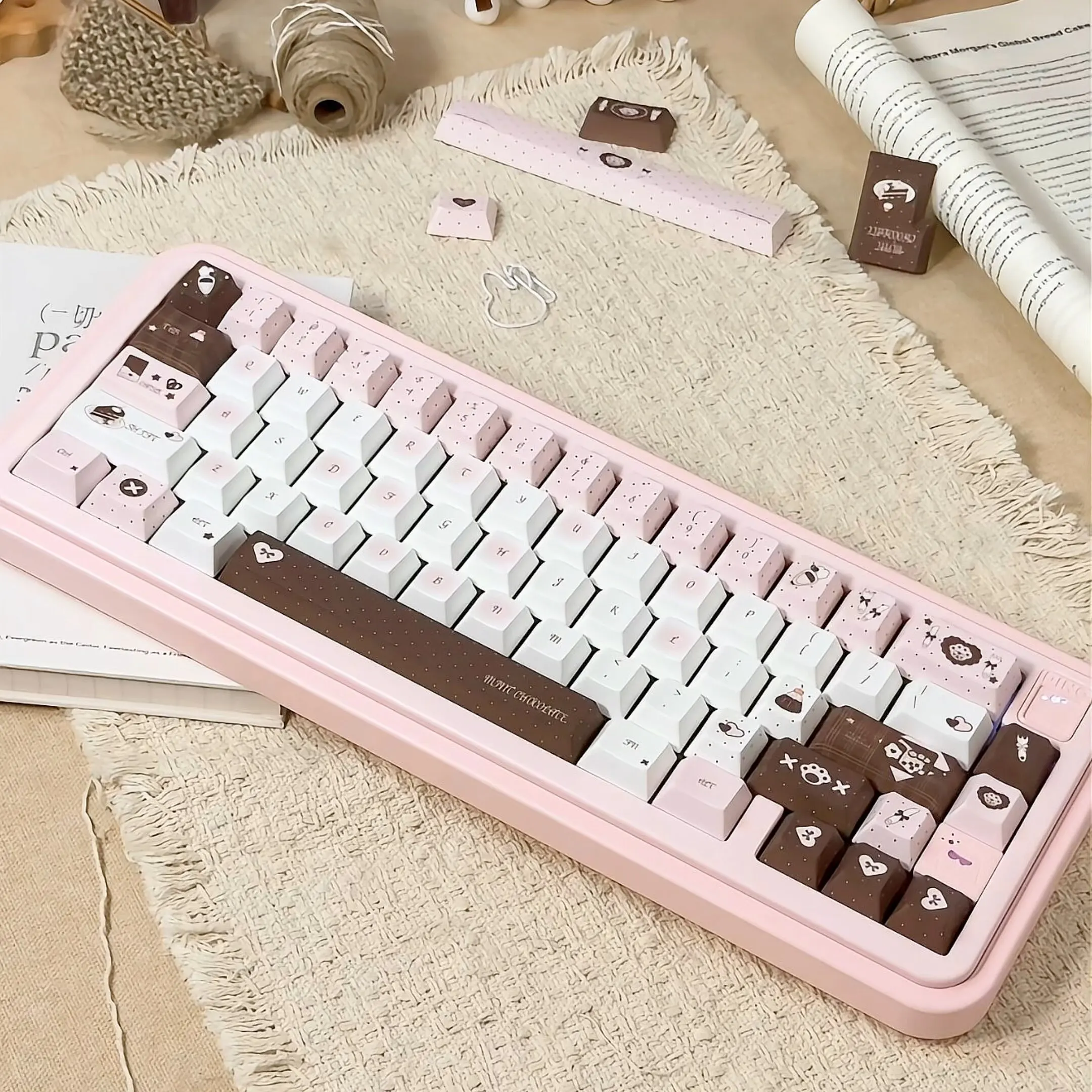 Strawberry Chocolate Theme Keycaps Set PBT Cherry Profile 143keys Custom Original Handmade Keycaps for Mechanical Keyboard DIY