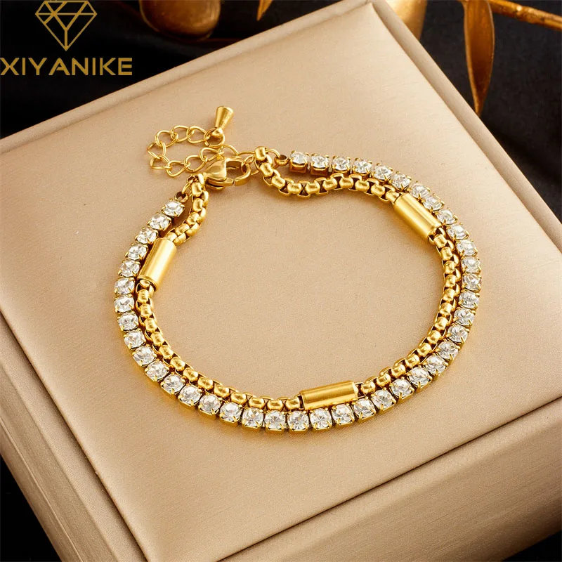 

XIYANIKE 316L Stainless Steel Bracelet White Zircon Pendant Double Chain Accessories for Women Christmas Jewelry Gifts Pulsera