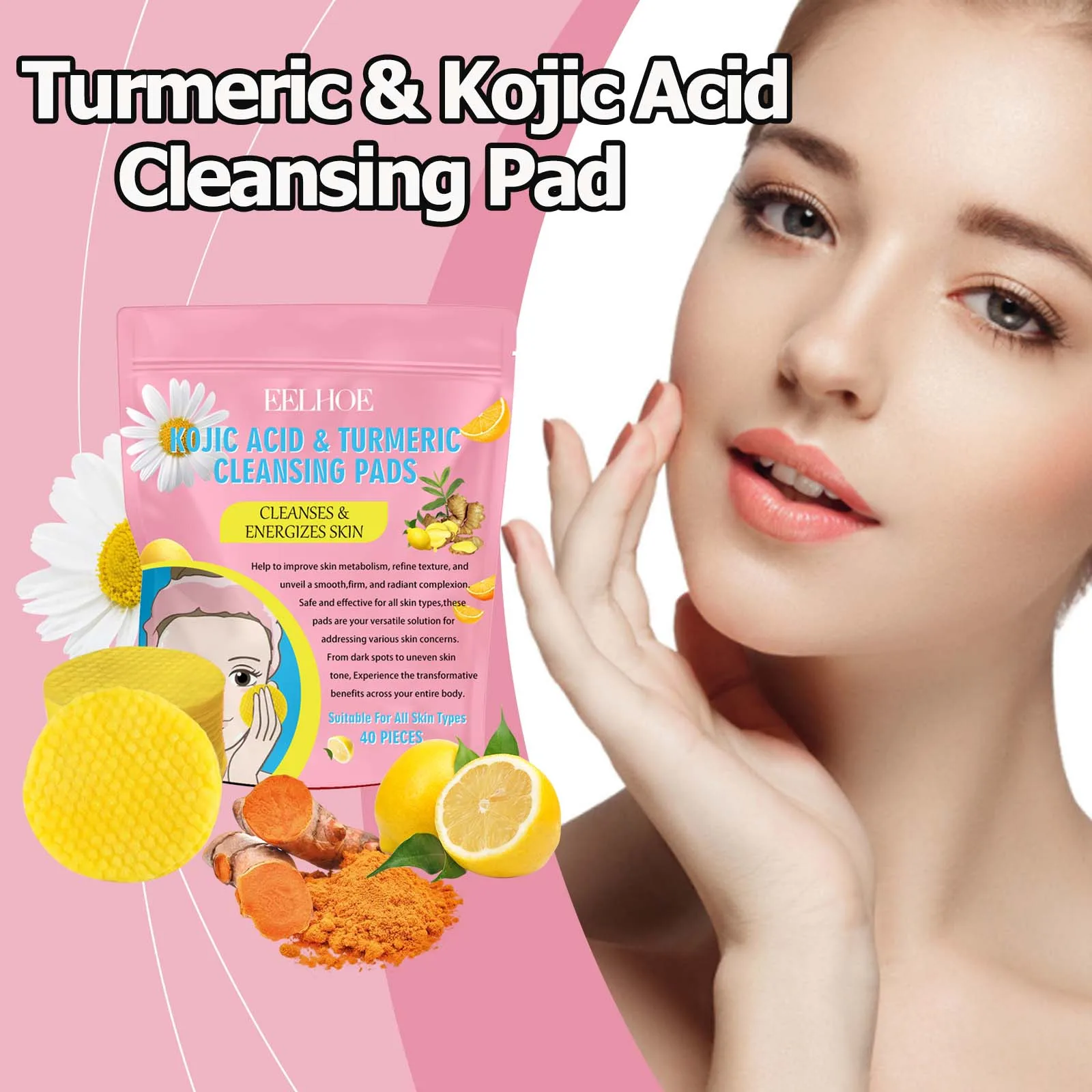 40pcs Turmeric Kojic Acid Cleansing Pad Gentle Cleansing Exfoliating Pads Fades Dark Spots Brightens Daily Cleansing Skin Care