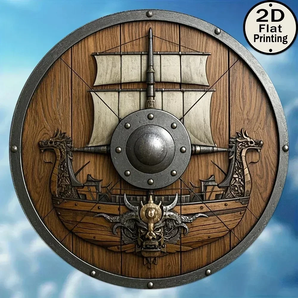 Viking Longship Round Wooden Hanging Sign 2D Flat Print Dragon Warship Shield Pattern Wood Plaque Wall Decor Vintage Norse Nautical Style Wall Art Gift For Bedroom Bar Man Cave Themed Decor