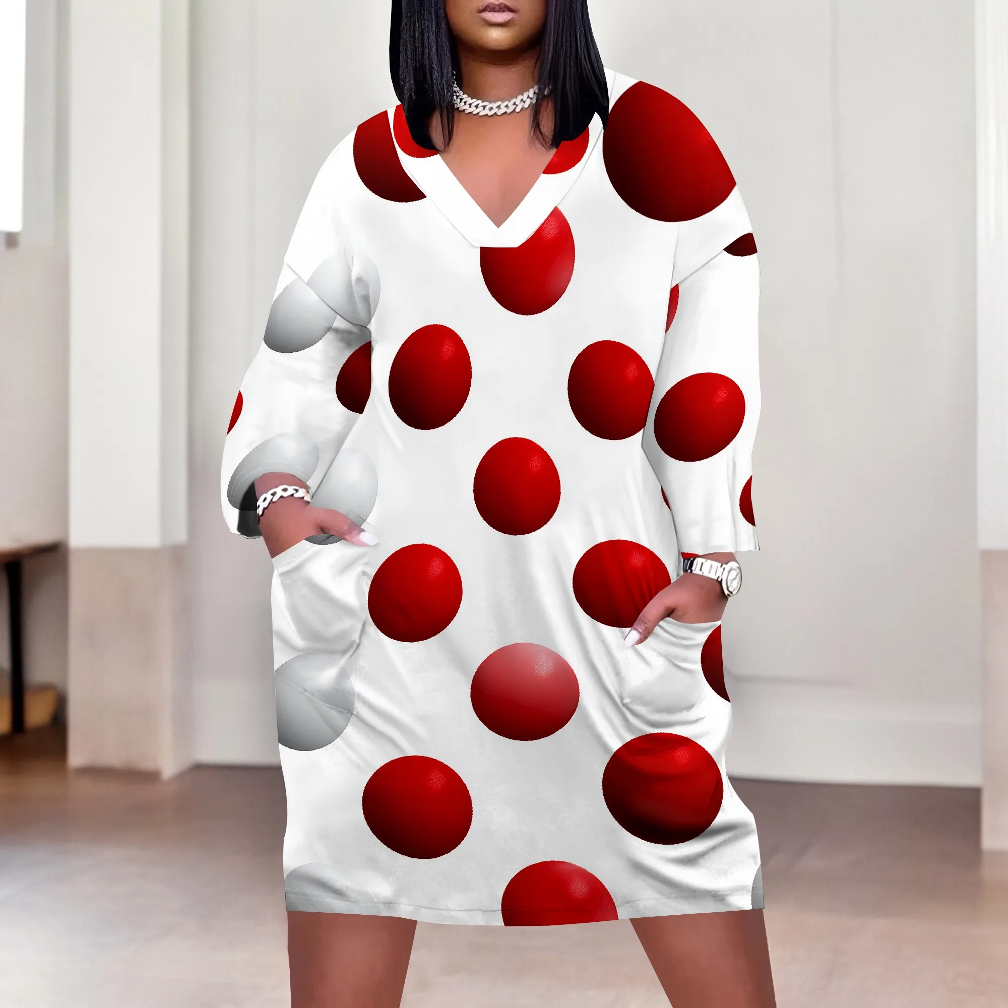 

Plus Size Women's Red Polka Dot Dress XL-6XL, V-Neck Casual Dress for Summer, Fun and Bold Statement Look