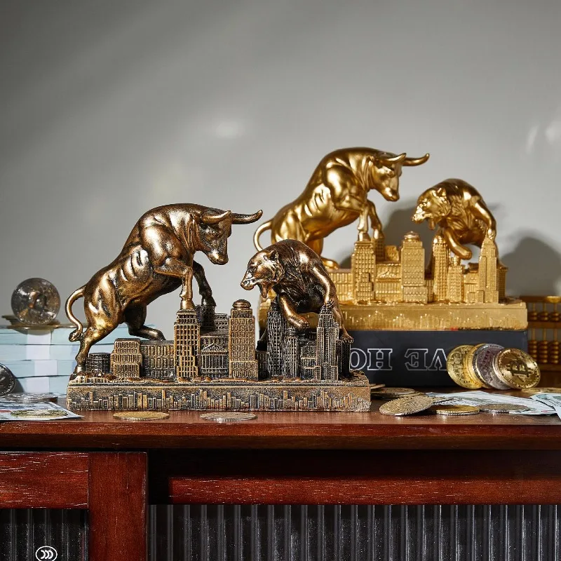 The Lifelike Feng Shui Sculpture of The Battle Between Cows and Bears, Family Desk Shelves,3D Urban Landscape,Basic Stock Market
