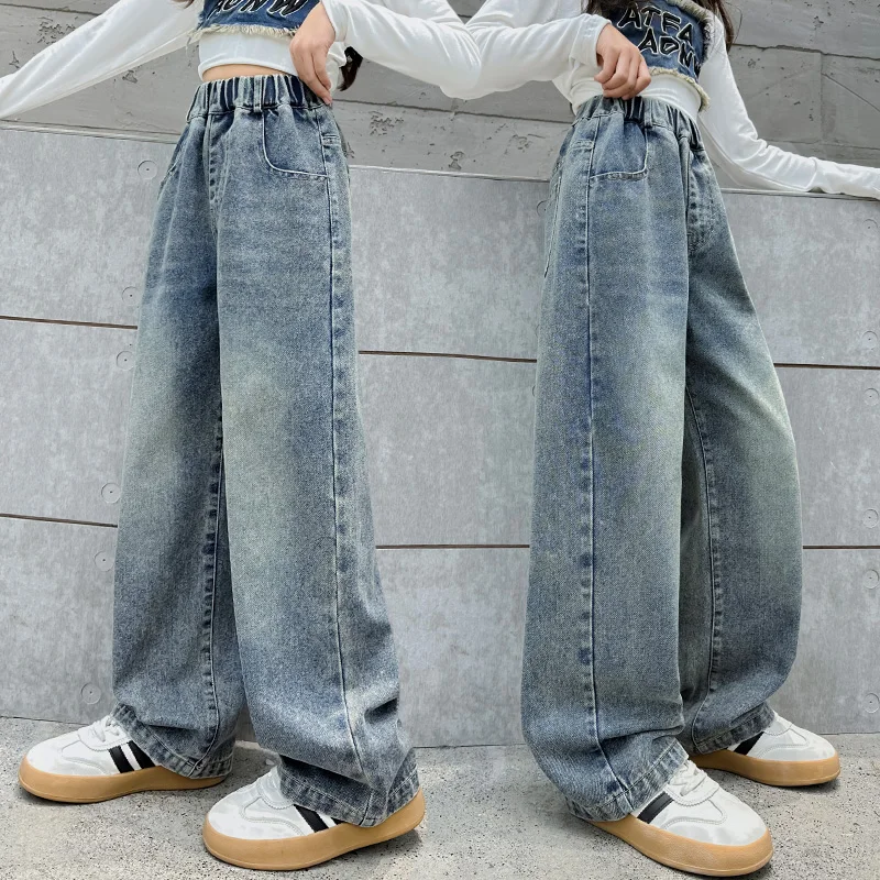 New Fashion Girls Vintage Jeans New Spring Autumn Kids Blue Denim Pants Female Child Loose Straight Jeans Trousers Age 4-14 Y