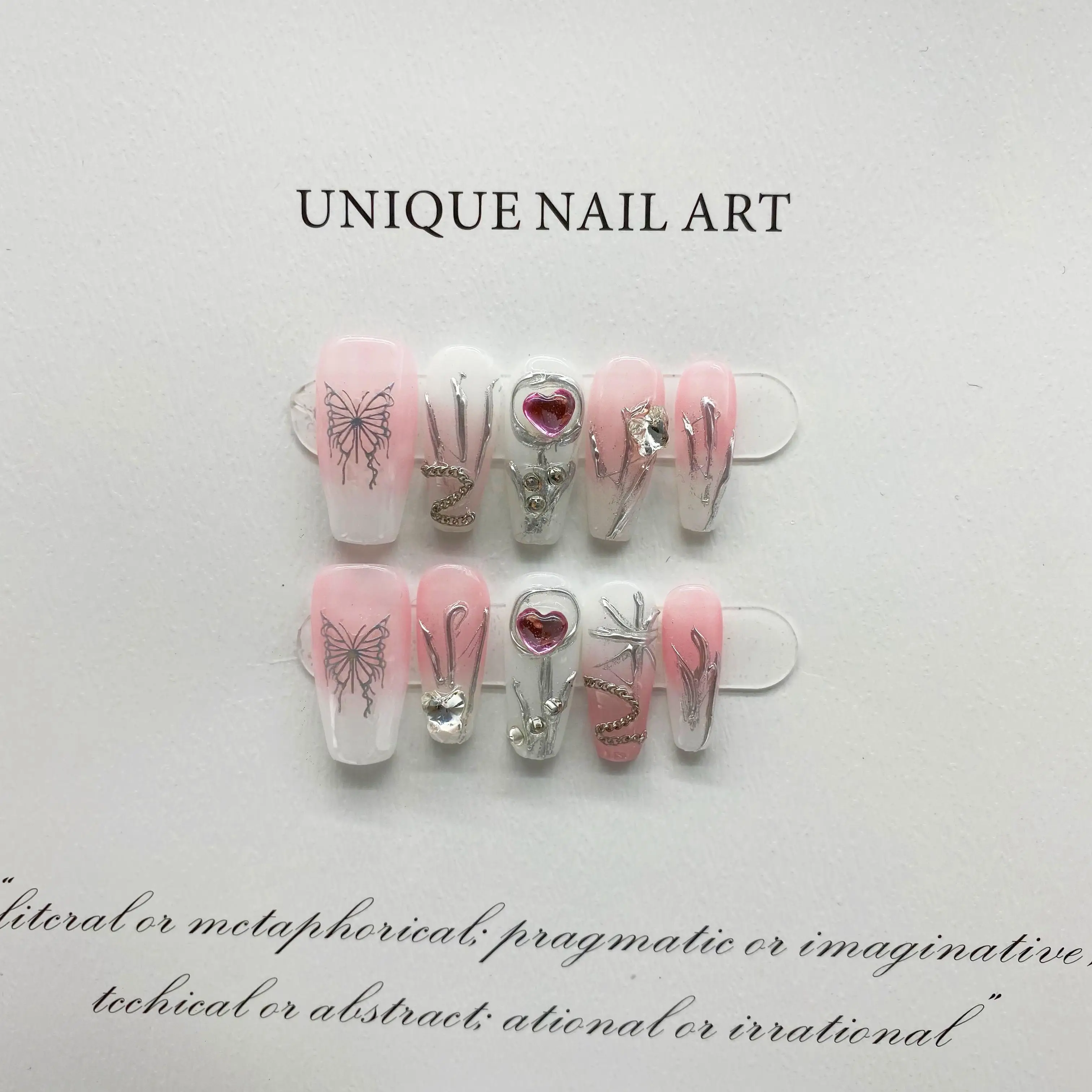 Millennium Chic Metal Fantasy Butterfly Detachable High-Quality Reusable Elegant White Press On Nails.No.D104