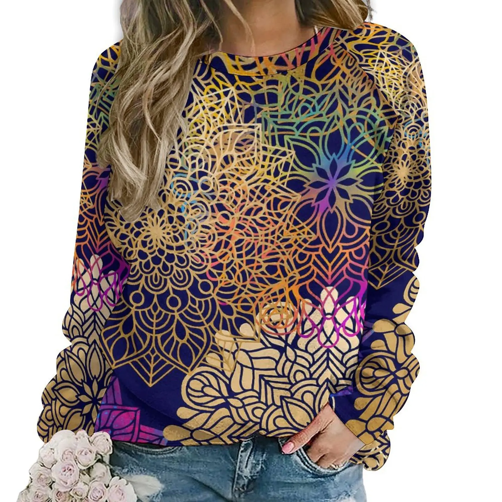 

Gold Vintage Ethnic Casual Hoodies Spring Mandala Print Retro Hoodie Long Sleeve Oversize Street Style Graphic Sweatshirts