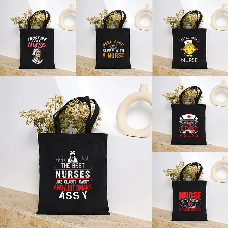 

Little Miss Nurse Canvas Shoulder Bag Black Handbag Large Capacity Travel Tote Bag Eco-friendly Shopping Bags Gifts for Nurses