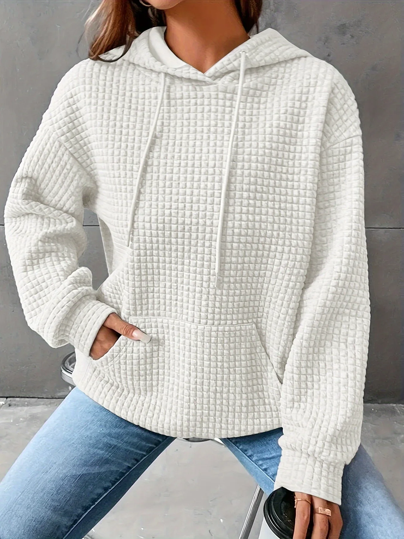 Autumn And Winter Women\'s New Waffle Round-necked Long-sleeved Sweater Solid Color