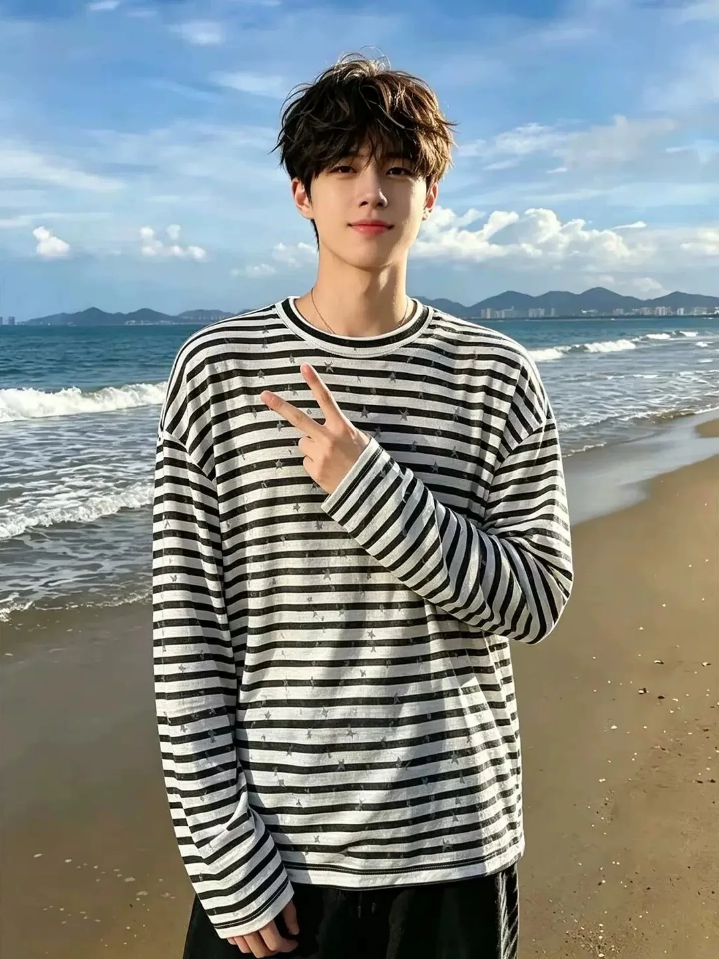 Loose Fit Long Sleeve T-Shirt Men's Spring Summer Thin Casual Loose Couple Sun Protection Cover Shirt Korean Style Striped Pa...