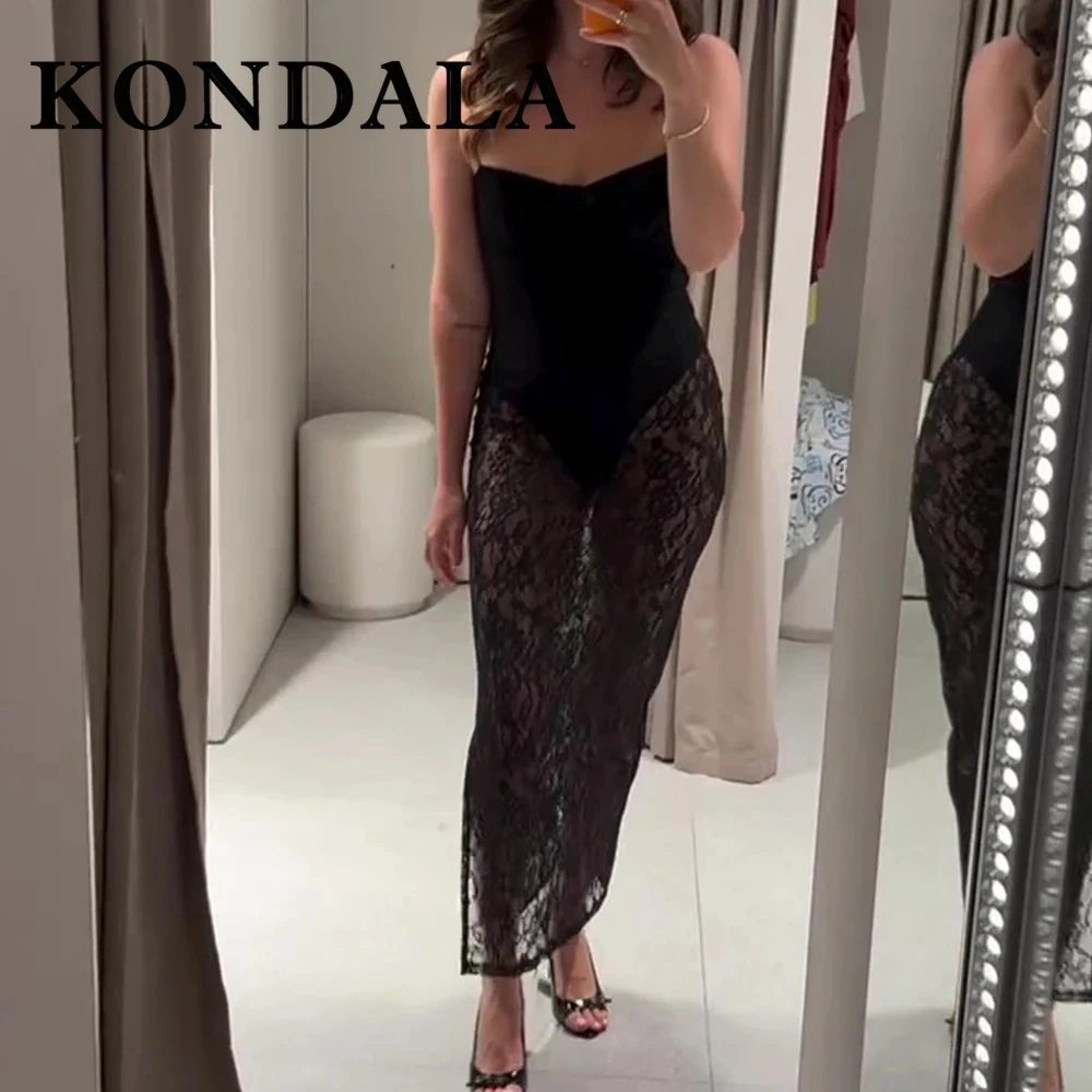 KONDALA Chic Lace Sheath Woman Sexy Dress Bodysuits Y2K Camisole Button Backless Dress Fashion 2025 Night Club Female Swimsuit