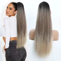 Cola de Caballo recta de 28 pulgadas, resaltado rubio, extensión de cabello marrón ombré 12/613 con Clip, pelo bio sintético de alta temperatura de 180 gramos