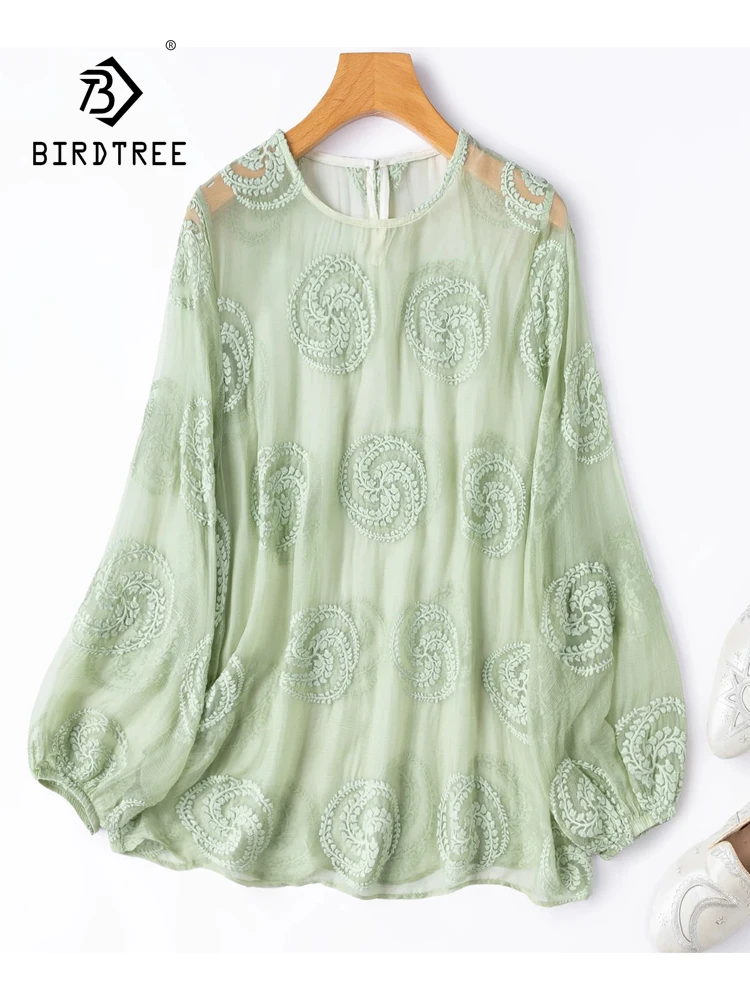 BirdTree-100%Real Silk Elegant T-Shirt, O Neck Embroidery, Women Casual Versatile Sheer Loose Tops, 2026 Autumn New T67458CC