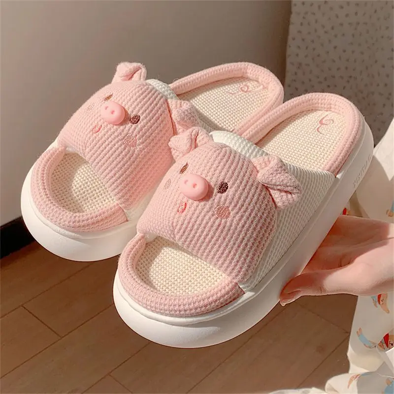 

Lovely animal piggy dog frog cat linen slippers woman men couples eva slides new 2025 platform summer indoor beach flax slipper