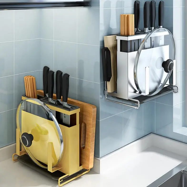 

Wall-Mounted 304 Stainless Steel Knife Holder Chopsticks Cage Kitchen Storage Rack Countertop Knife Tool Wok Cover Holder