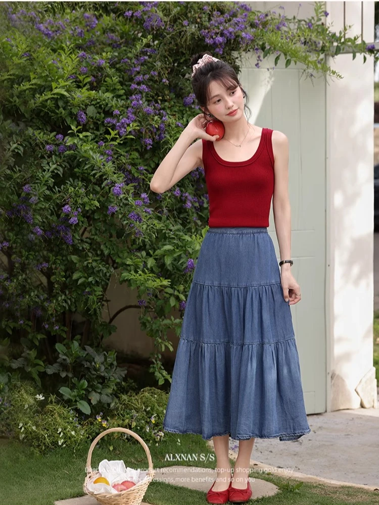 ALXNAN Women's Blue Denim Skirt Elegant High-waist A-line Lyocell Long Skirt 2025 Summer Casual Loose-fit Ladies Clothing L55770