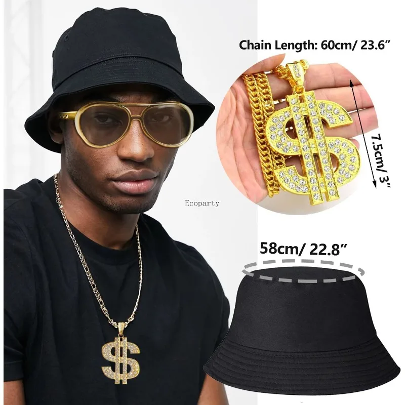 Zestaw kostiumów hip-hopowych z lat 90. i lat 80. dla mężczyzn, stroje na imprezę rapera, akcesoria