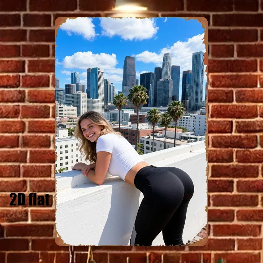 2D Flat, 2D Flat, 1pc of Female Silhouette - Contemporary Metal Sign Featuring Palm Tree And City Skyline, Ideal for Living Room