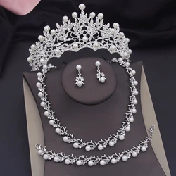 Luxury Pearls Bridal Jewelry Sets for Women Tiaras Bracelets Necklace Sets Wedding Crown Bride Jewelry Set Accessories