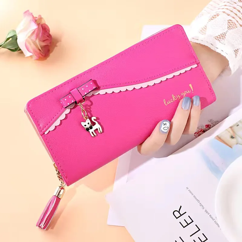 Luxury Long Wallet Purses for Women Lace Fashion Slim Wallets Female Cat Pendant Clutch Bag Girls Cute Coin Credit Card Holder
