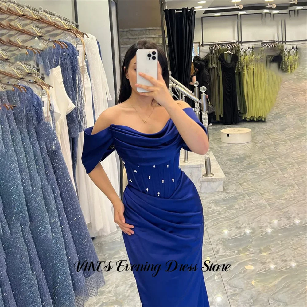 

VINES Blue Mermaid Prom Dresses Off Shoulder Evening Dresses Draped Satin Party Dress with Pearls Robe De Soirée Customized