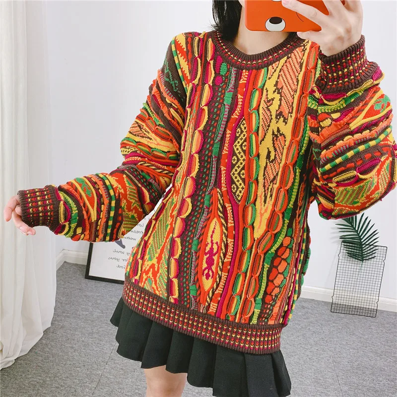 Loose round Neck Sweater Unisex Autumn Winter Rainbow Stripes  Comfortable Lazy Style Crew Neck Knitwear for Women An...