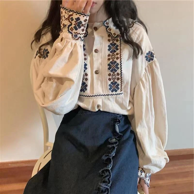 2024 Women Spring Blouse Vintage Ethnic Style Peter pan Collar Long Sleeve Loose Embroidered Pullover Shirt Casual Top