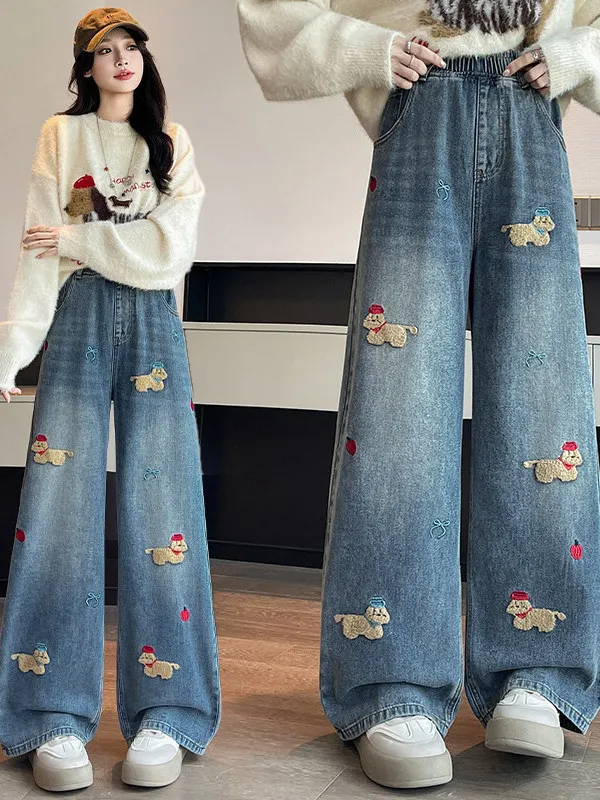 

Light Blue Embroidered Heavy Work Denim Wide Leg Pants High Waist Slim Straight Cut Trousers for Women New 2026 Spring Collec...