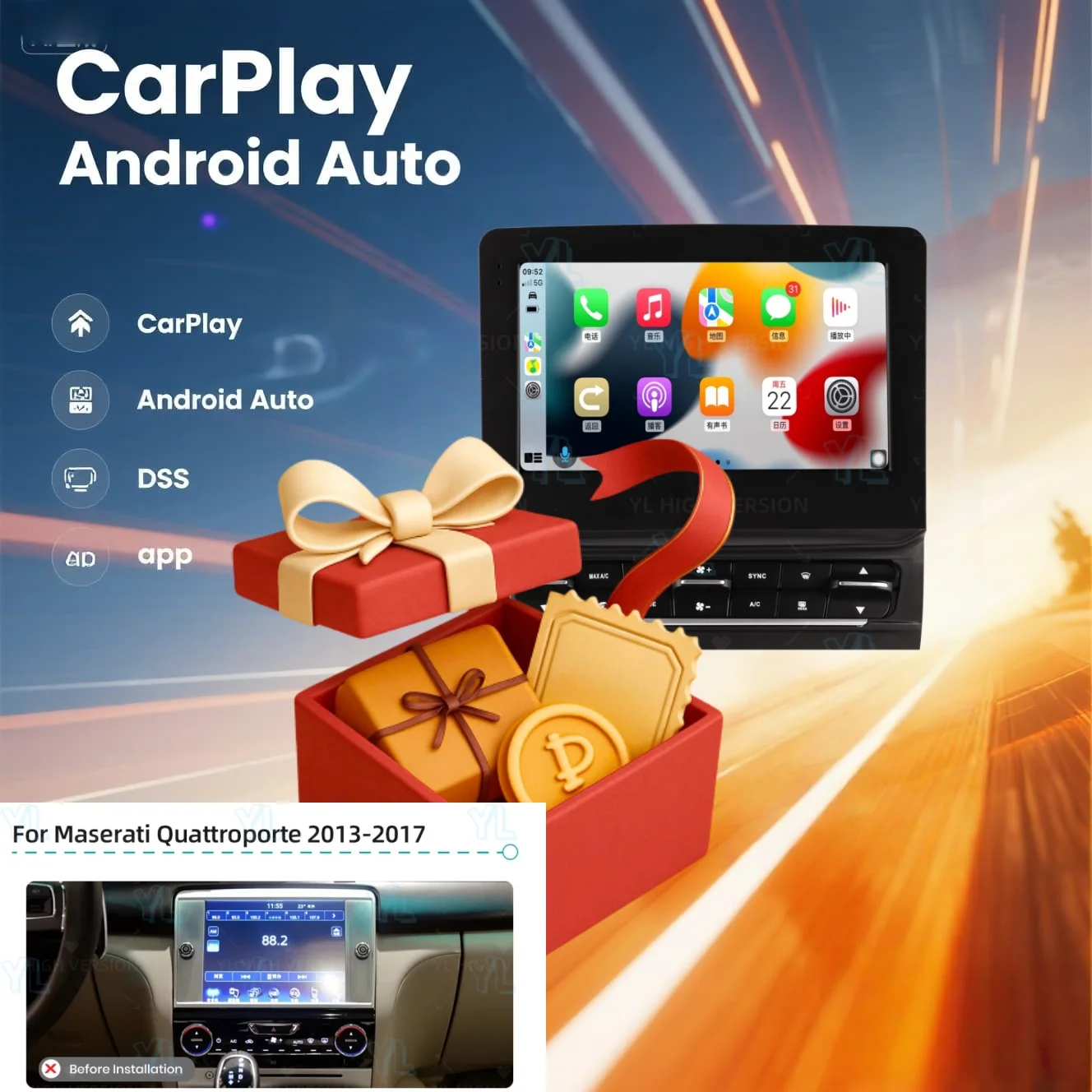 Wireless Carplay For Maserati Quattroporte 2013-2020 Android 14 Car Radio Multimedia Player Stereo GPS Navigation DSP Head Unit