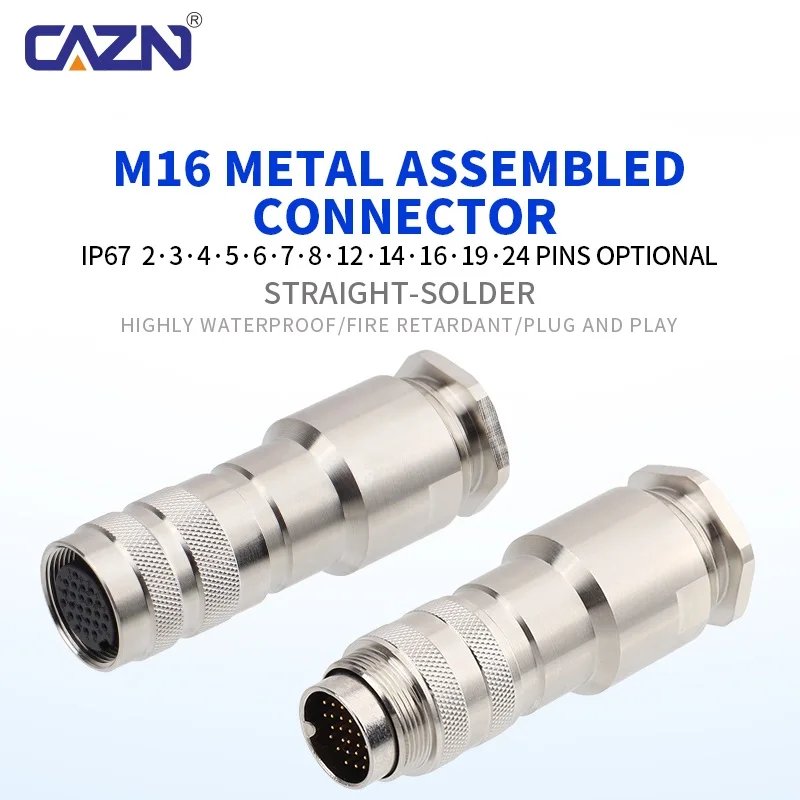 CAZN M16 Metal IP67 IP68 Waterproof Connector Plug 2P Female Male Cable 2 3 4 5 6 7 8 12 14 16 19 24 PINs Copper Contact