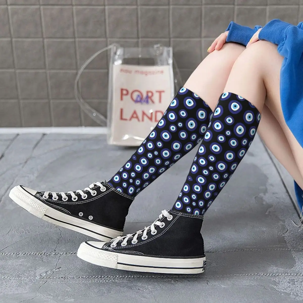 Greek Amulet Evil Eye Pattern Thigh High Socks Womens Warm Fashion Novelty Nazar Lucky Charm Stockings