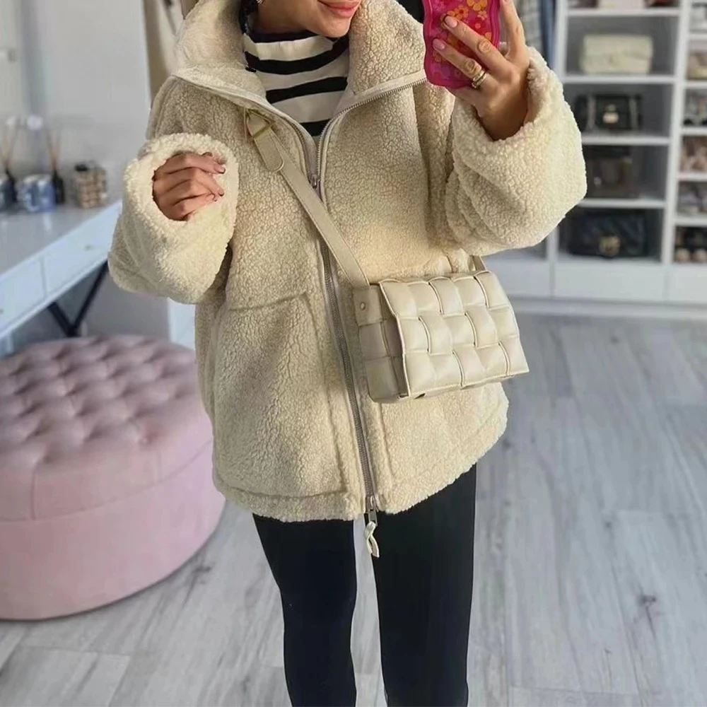 KONDALA 2024 Autumn Winter Teddy Fur Women Casual Coats Loose Pockets White Jacket Zipper Elegant Fashion Women Thick Jackets
