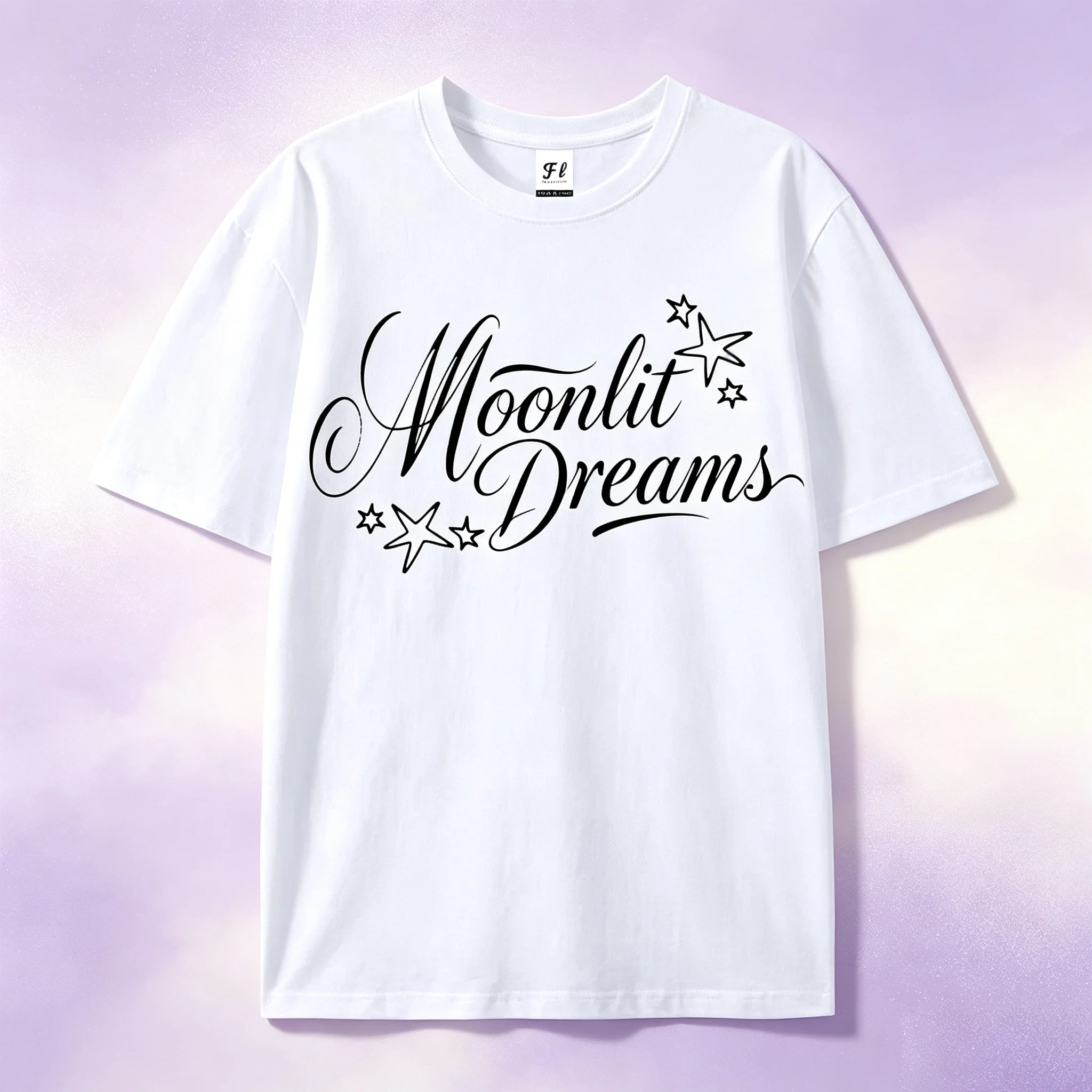 Moonlit Dreams Script Letter Print Short‑Sleeve T‑Shirt, Romantic Star Element Loose Crew Neck Casual Summer Top