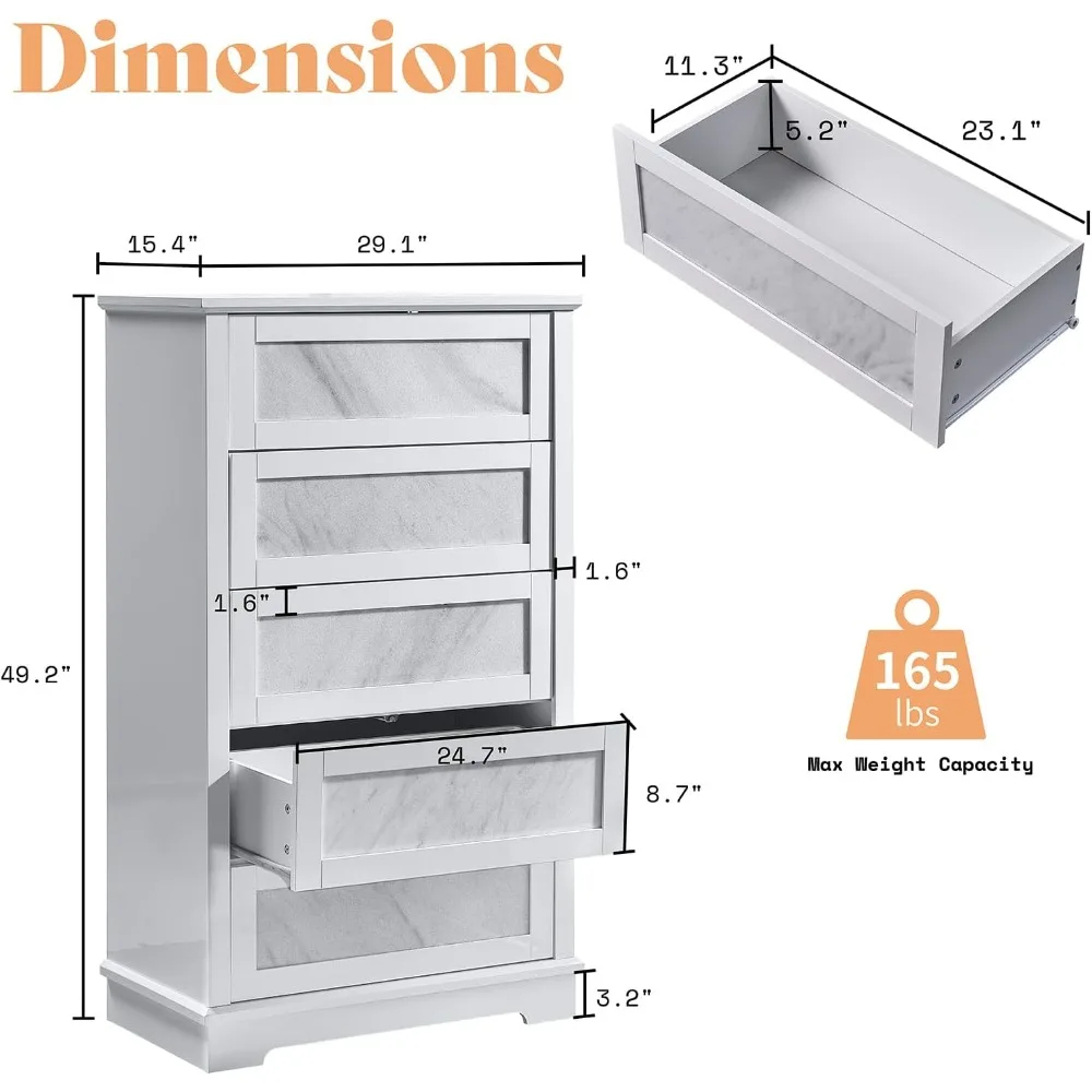 

5 Drawer Dresser, Natural Marble Chest of Drawers No Handles for Bedroom, Living Room, Modern