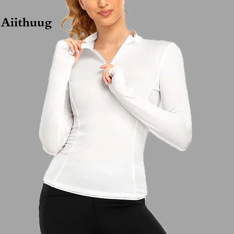 Aiithuug Quater Zip Long Sleeve Yoga Shirt with Half Zip Slim Waist Line Sports Shirts Fashion Half Zipper Thumb Hole Gym Tops