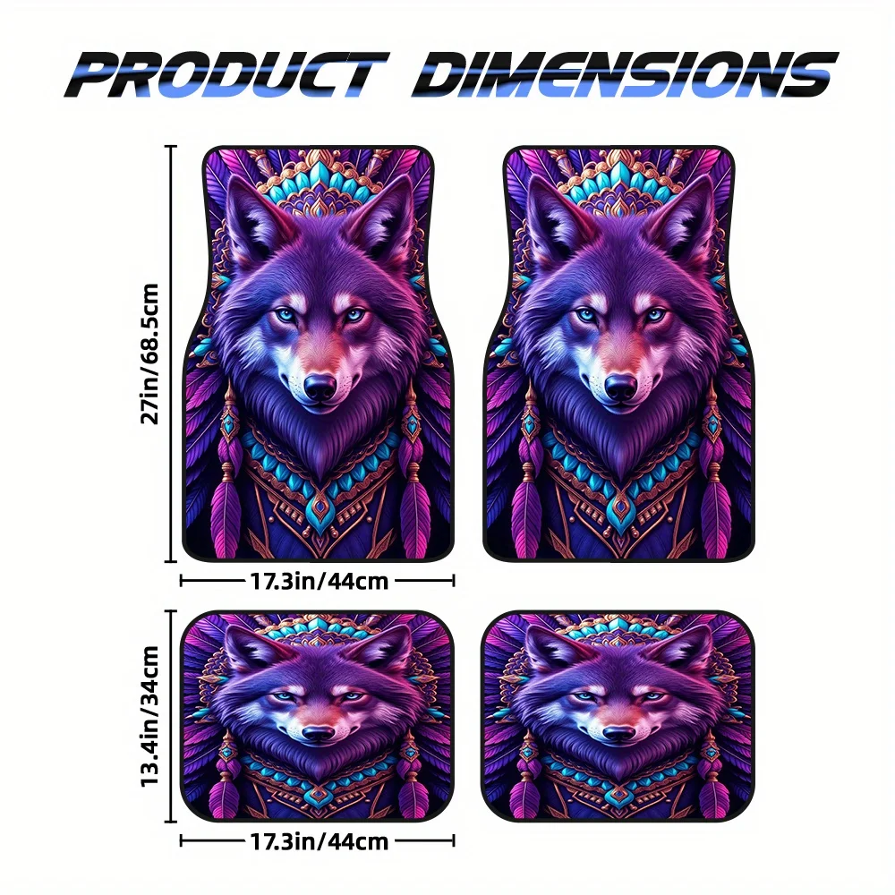 4pcs Wolf Tribal Car Floor Mats - Fit For Sedans & Hatchbacks, Non-Slip Blue/Purple/Black/Pink/White/Purple Wolf Design, Driver/