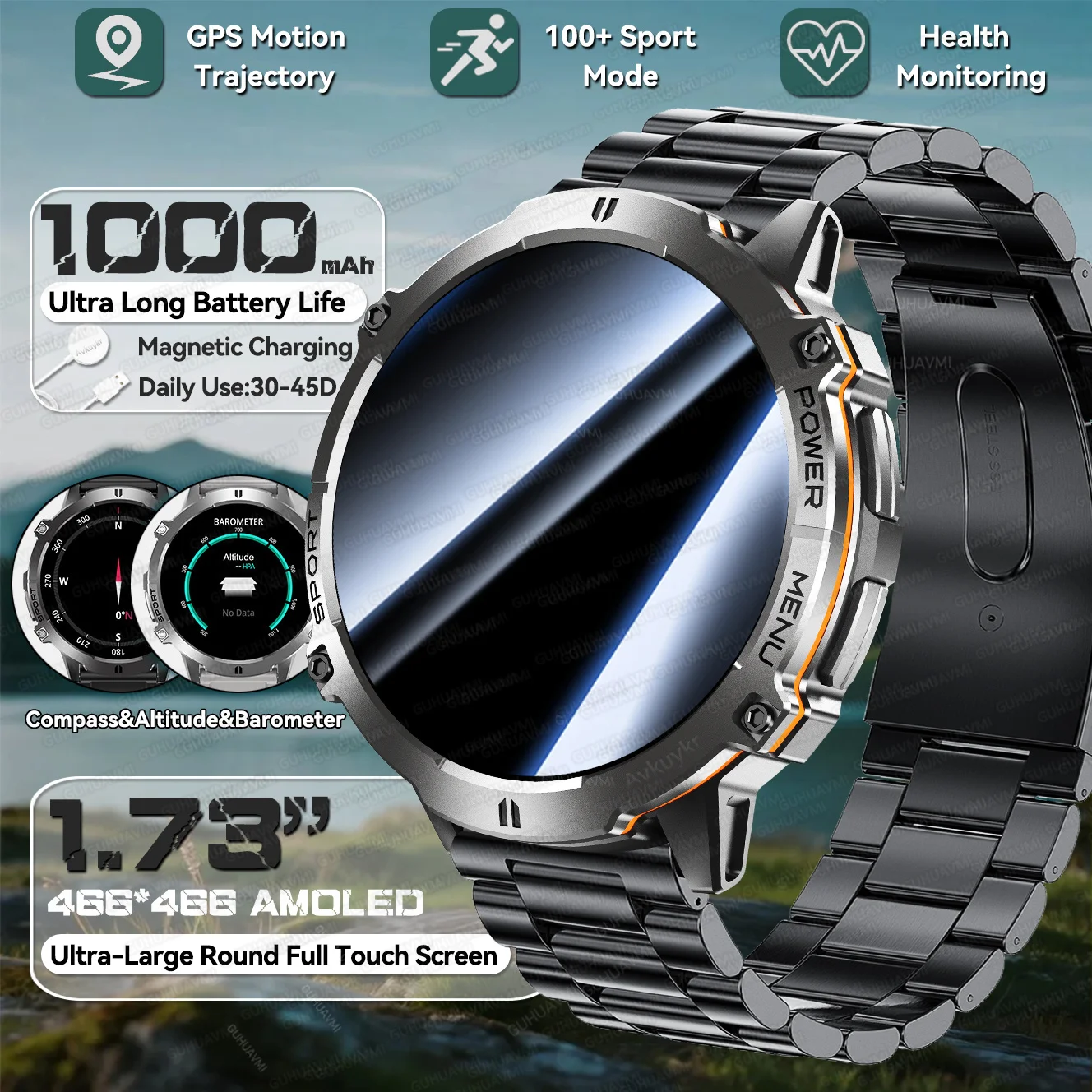 

FOR XIAOMI 1000MAH Super endurance Smartwatches Men GPS Track 1.73-inch HD Screen Compass BT Call Waterproof Sport Smart Watch