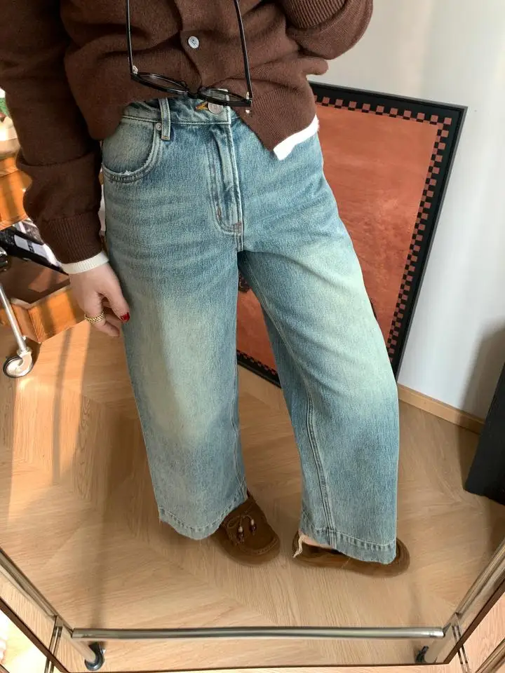 

High Waist Straight Leg Vintage Jeans Women's Distred Wide Leg Pants Spring 2026 Cotton Denim High Quali Worn in Look