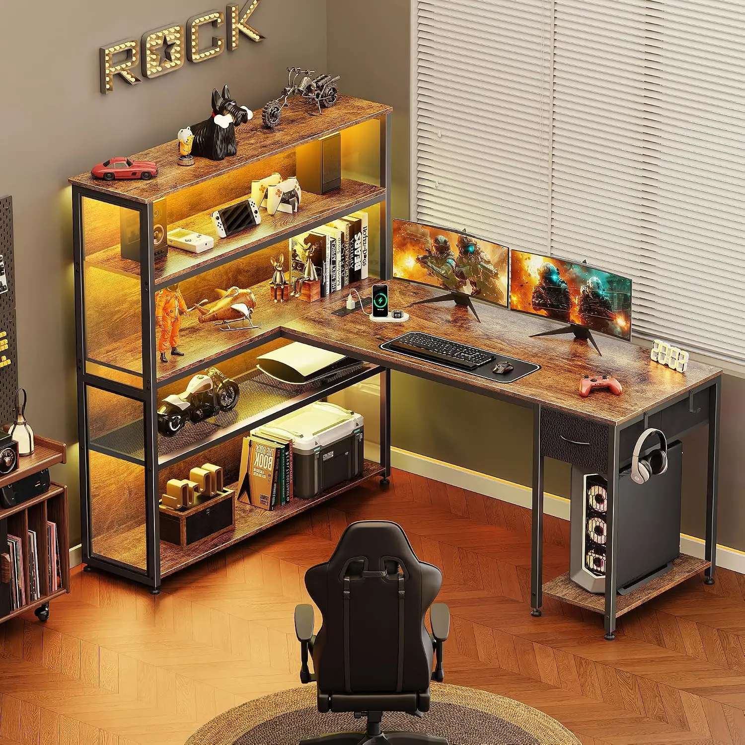 57 Inch L Shaped Gaming Computer Desk with Larger Open Cabinet, Reverisble Office Desk with Power Outlets, LED Lights, Work Desk