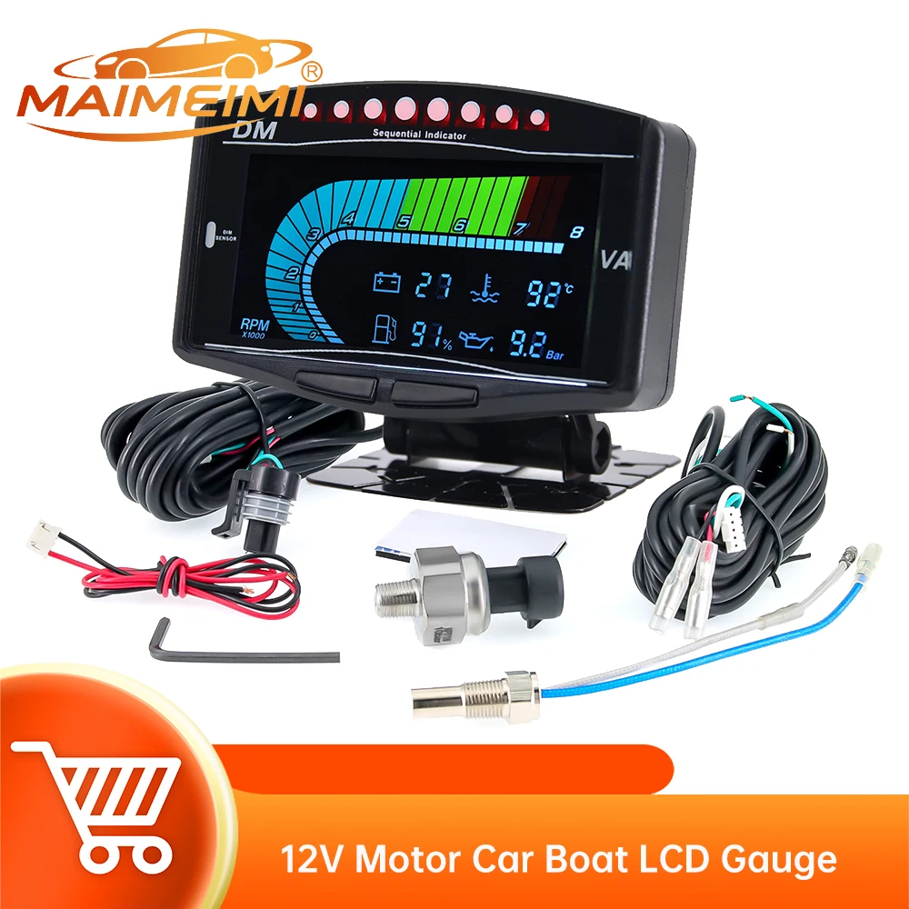 5 In 1 12V Motor Car Boat LCD Electronic Tachometer + Oil Pressure + Voltmeter+ Water Temperature Gauge + Fuel Gauge with Sensor
