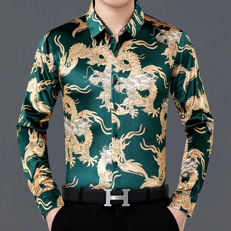 

Men's Fashion Velour Clothing Autumn Long Sleeve China Dragon Pattern Velvet Shirts Male Gold Velvet Dress Shirts