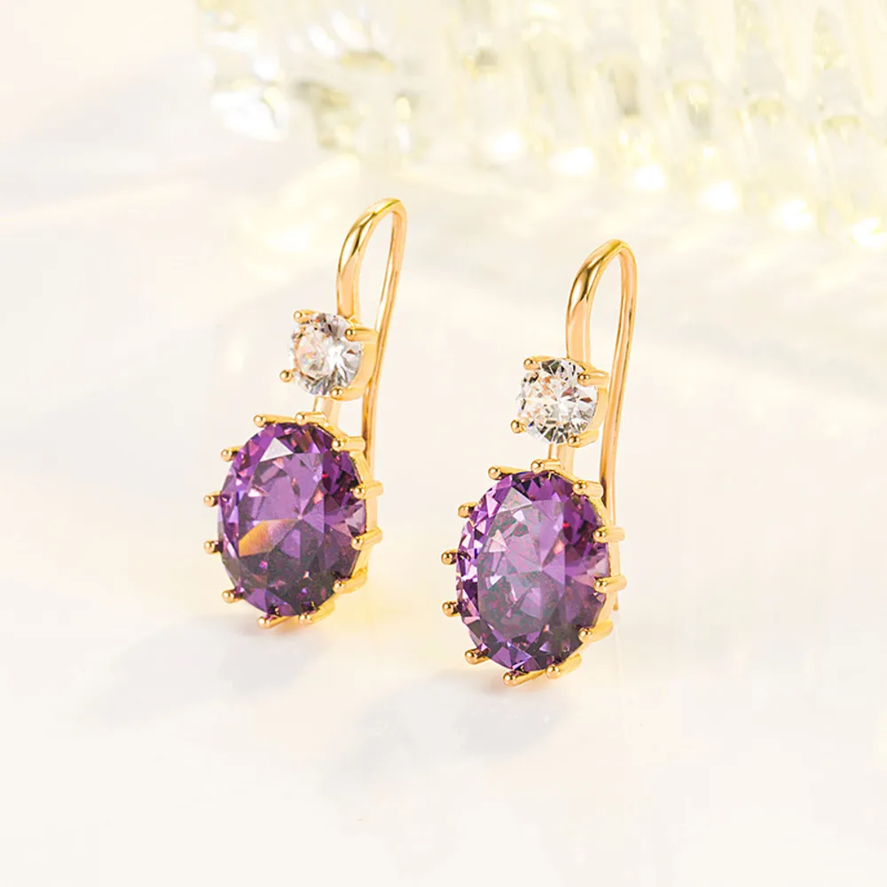 WOSIKATE Korean Oval Amethyst Purple Zircons 925 Sterling Silver 18K Gold Plated Earrings For Women 925 Jewelry Simple Ear Hooks